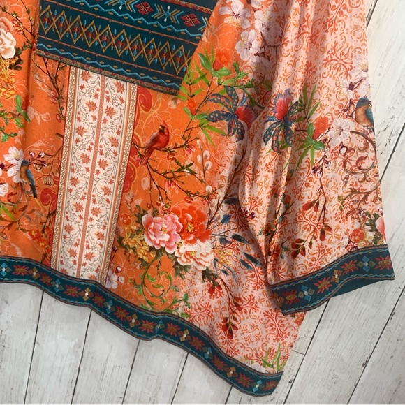 New John Mark Embroidered V-Neck 3/4 Sleeve Tunic Boho Western Top 2X Bird Print - Picture 3 of 16